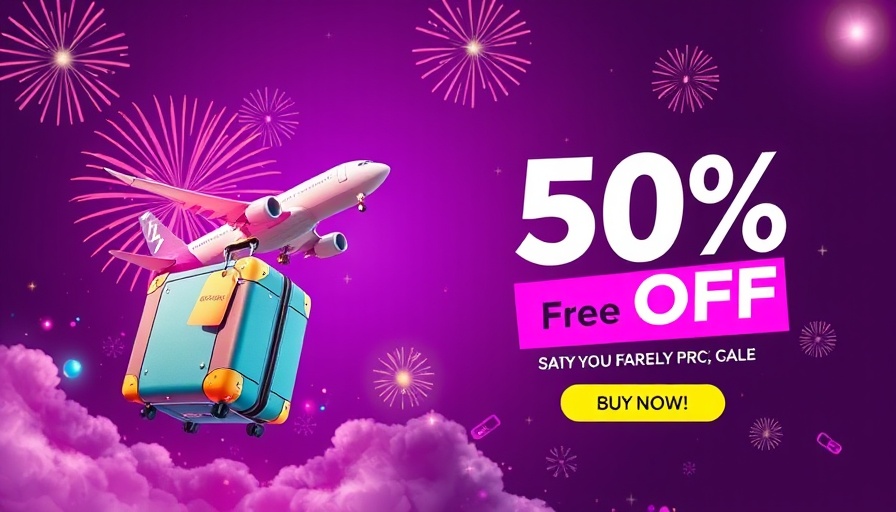 Vibrant travel ad with airplane and luggage on purple background.