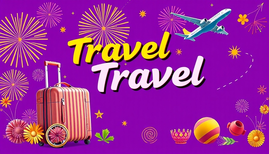 Travel ad banner with suitcase and plane, vibrant design.