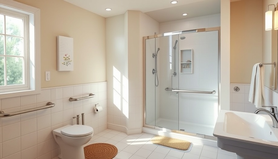 Modern bathroom with safety features like grab bars.