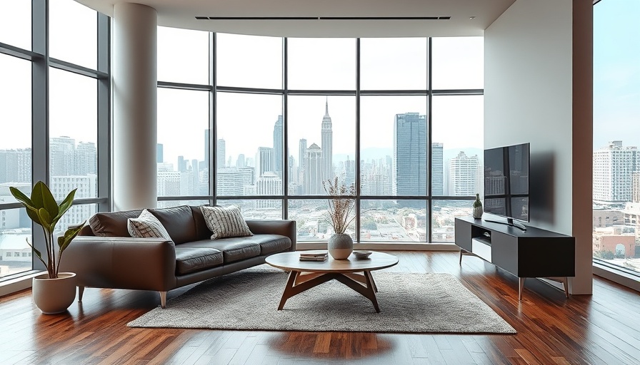Modern living room with city view and leather sofa, Before and After Renovation Showcases.