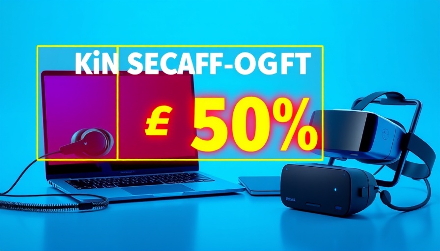 Modern gadgets with discount offer in bright blue theme.