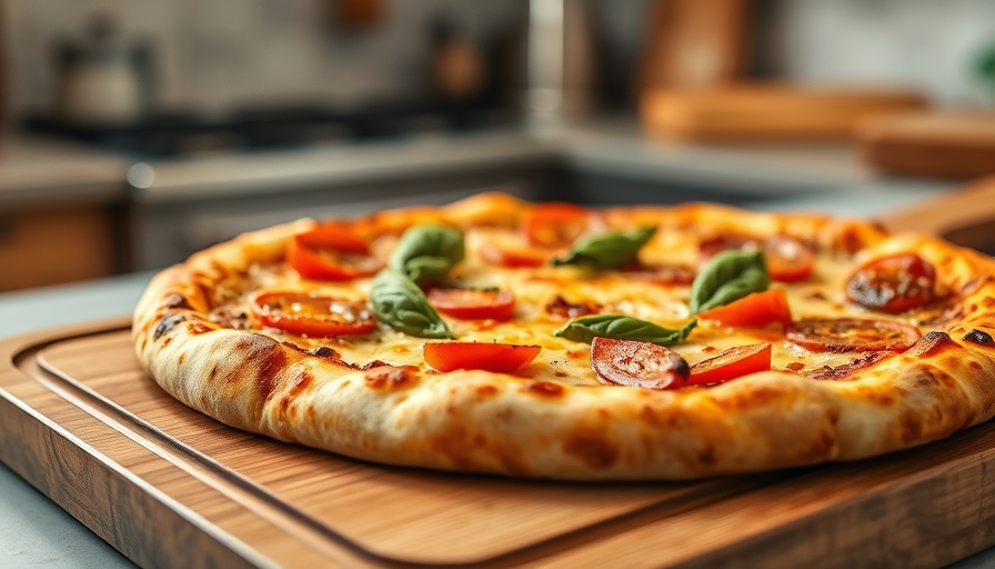 Freshly baked pizza on wooden tray with melted cheese and vegetables.