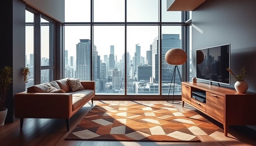 Modern living room in Brooklyn with city view and natural light.