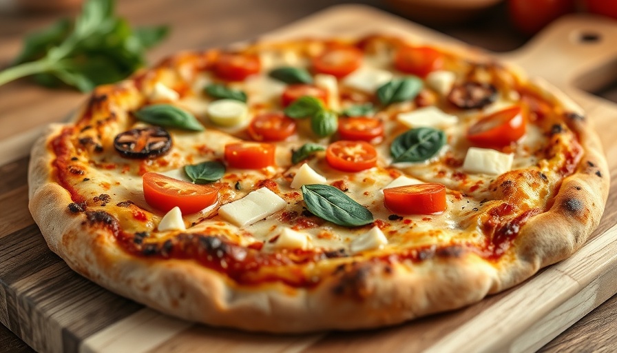 Delicious homemade pizza with fresh toppings on a cutting board.