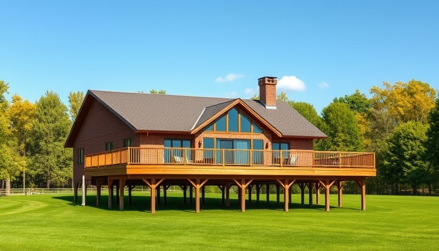 Elevated brick house with wooden deck, sunny outdoor scene