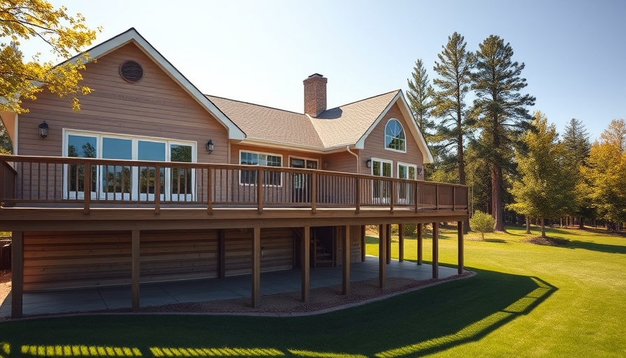 Elevated house with a large wooden deck and green lawn during a sunny day.
