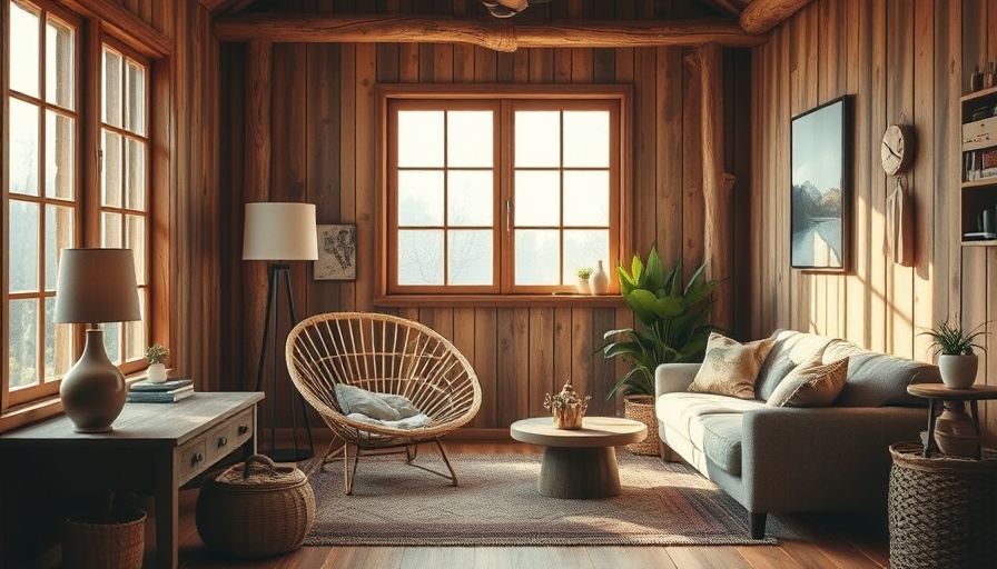 Cozy rustic room with wooden walls and wicker chair in natural light.