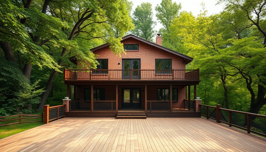 Elevated brick house with a wooden deck and stairs in a green setting.