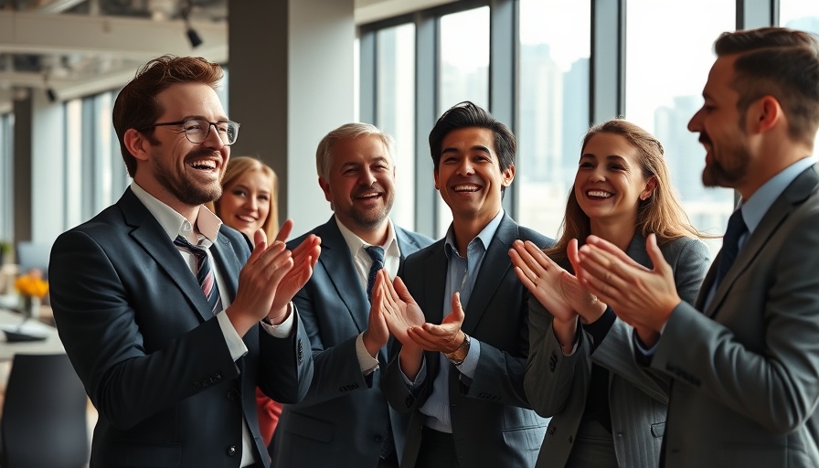 Business team celebrating success in a corporate office.