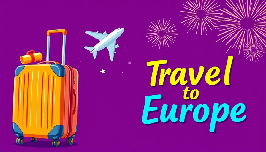 Vibrant travel advertisement with suitcase and airplane.