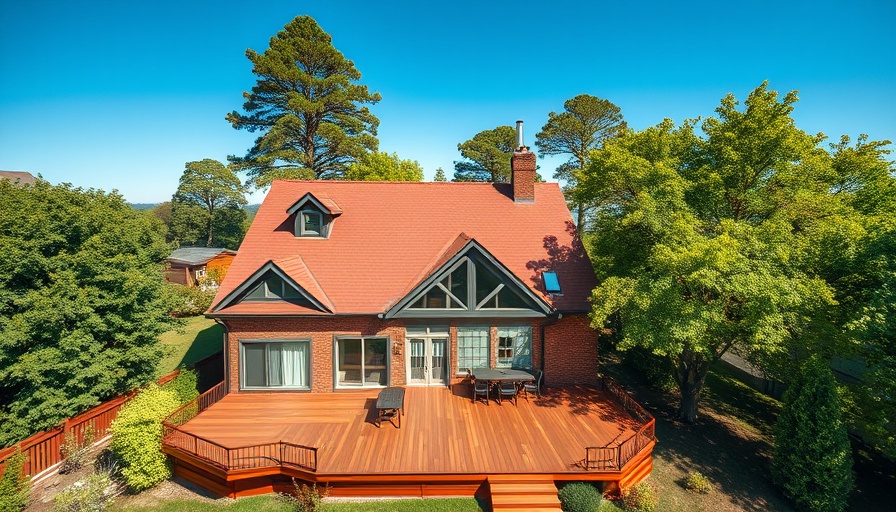 Aerial view of red brick home with deck, showcasing potential for lighting and insulation upgrades.