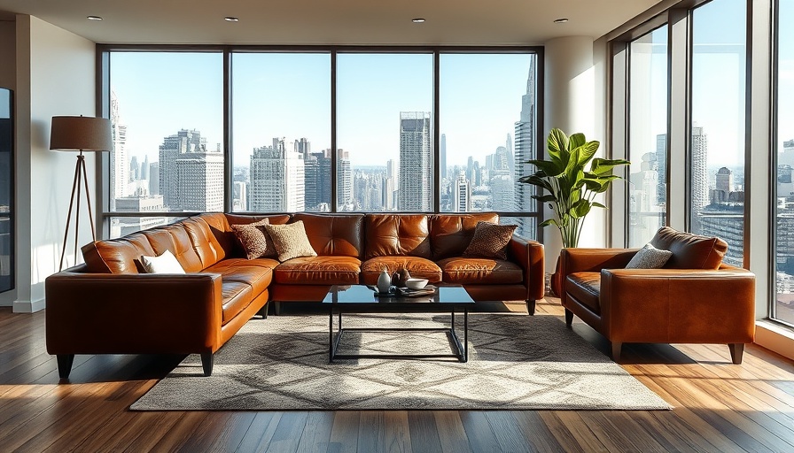 Modern apartment living room with city view and stylish decor.