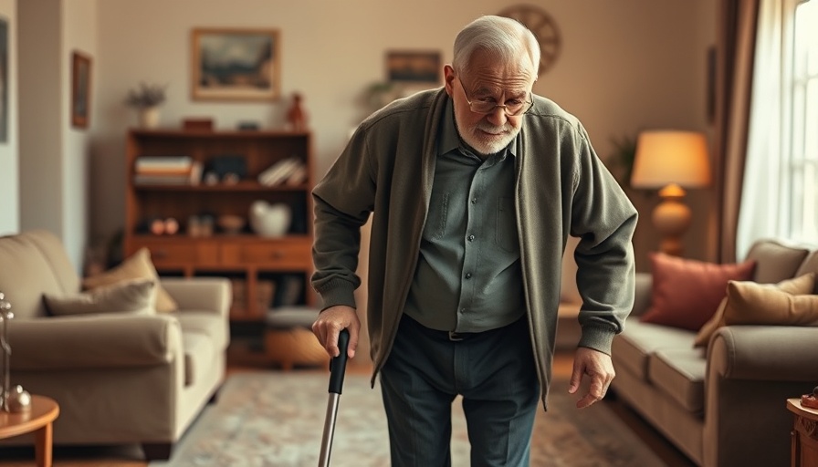 Older man using cane for fall prevention in living room
