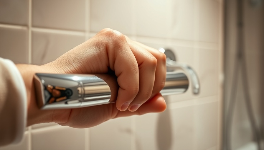 Hand holding grab bar during ADA grab bar installation.