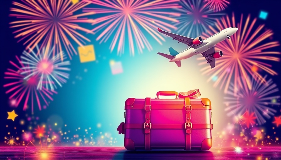 Vibrant digital graphic of travel poster with luggage and airplane, 50% off.