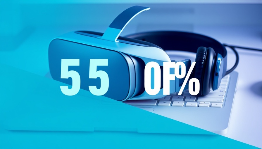 Modern tech gadgets and a keyboard with a blue overlay for promotional ad.