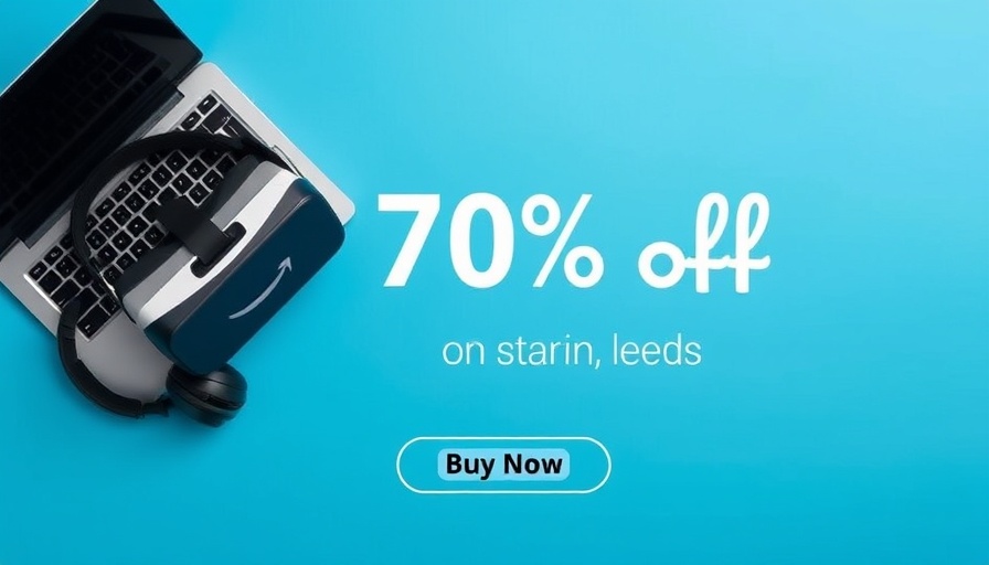 Ad for 70% Amazon discount featuring tech gadgets, headphones.