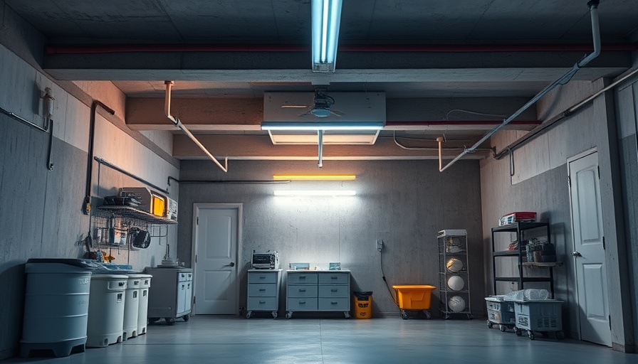 LED vs. Fluorescent lights in a modern basement, showcasing lighting contrast.