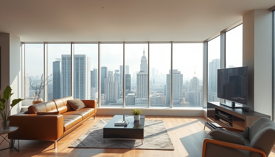 Modern living room with city view through large windows, LEDs vs. Fluorescents for Basements