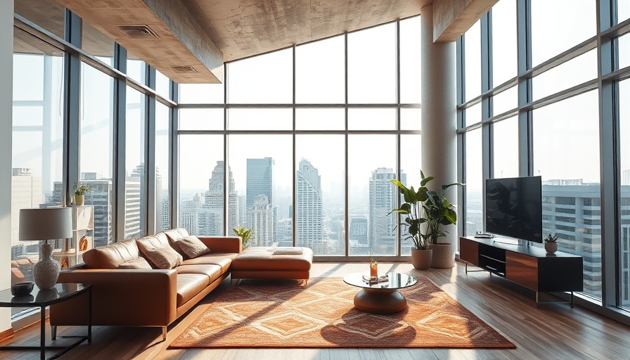 Modern living room design with city view and ample natural light.