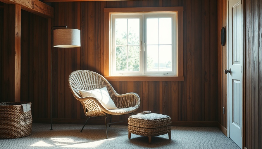 Cozy basement with energy-efficient lighting and wicker chair.