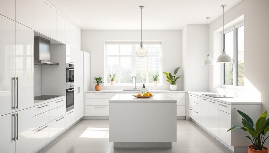 Bright modern kitchen design with white cabinets and island.