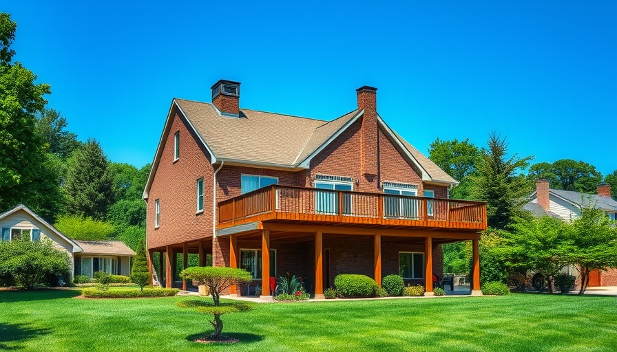 Elevated brick house with wooden deck surrounded by greenery, ideal for mold-resistant paints.