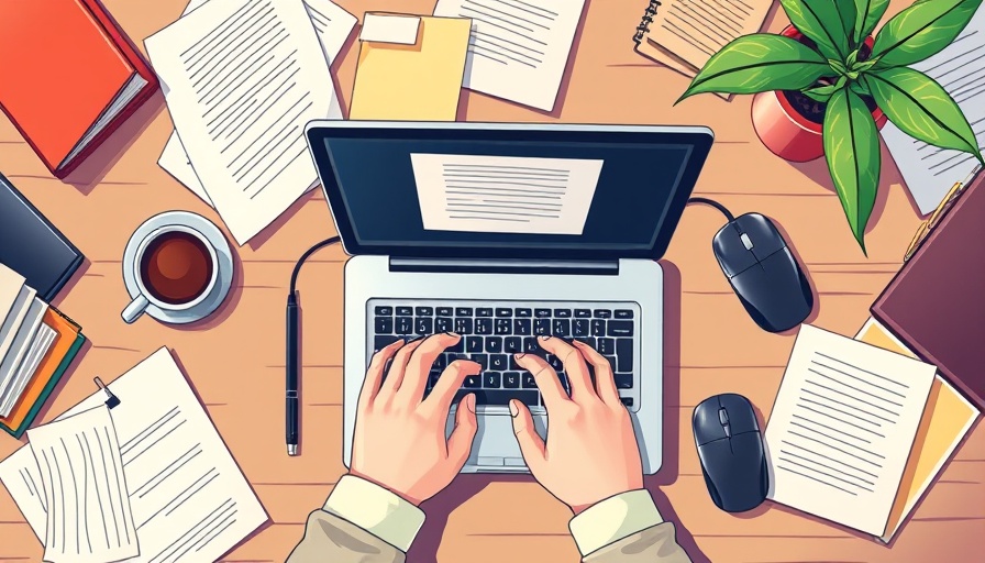 Colorful cartoon workspace with hands typing on a laptop.