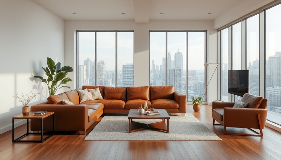 Modern living room with natural light and leather sofa.