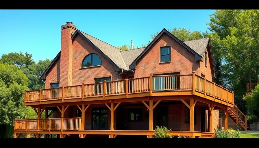 Elevated house with wooden deck surrounded by trees
