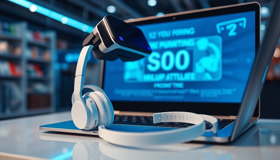 Virtual reality gear and laptop in digital ad with discount offer.