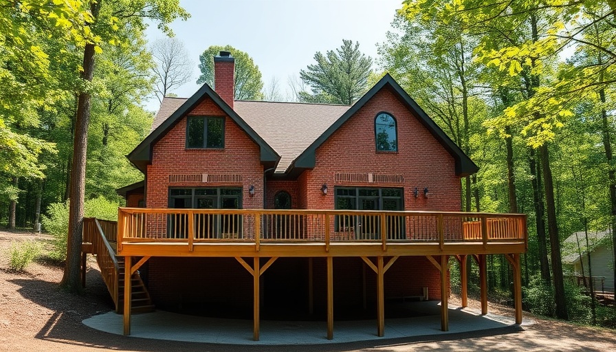 Elevated brick house with wooden deck in green area near forest.
