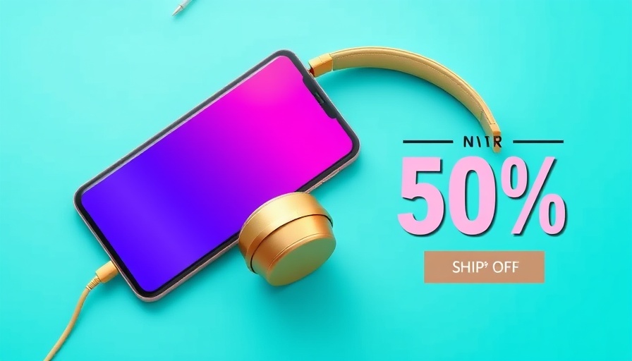 Advertisement banner with smartphone and headphones.