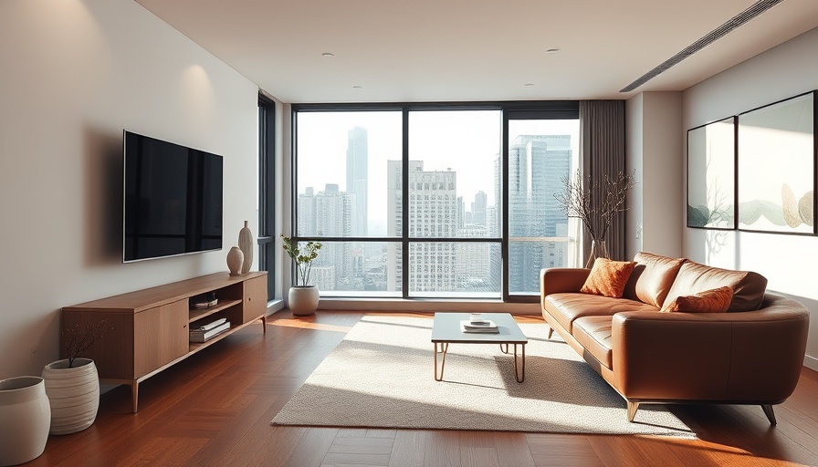 Modern living room with smart storage solutions and city view.