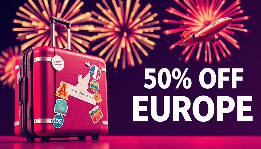 Colorful travel ad with suitcase, airplane, fireworks.