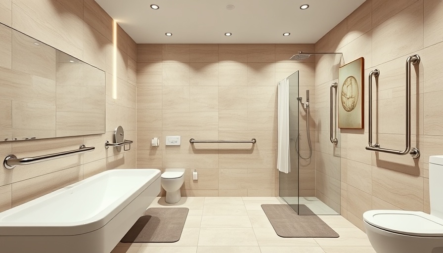 Modern bathroom with safety features like grab bars and non-slip mats.