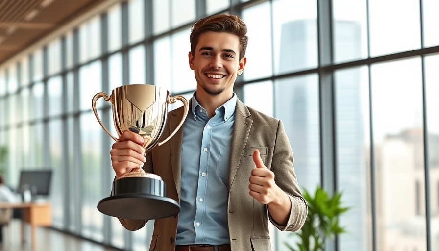 Inspiring young entrepreneur holding a trophy in a modern office.