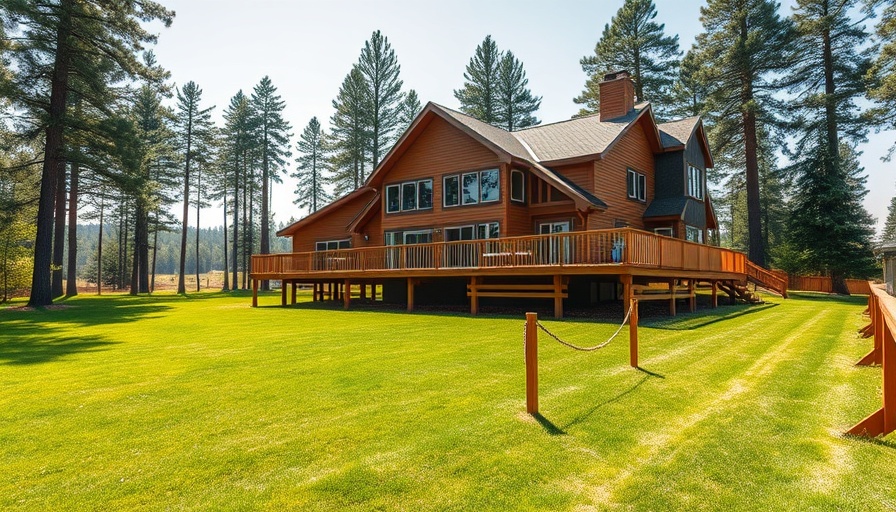 Cost-effective suburban home with deck and lush lawn, natural setting.
