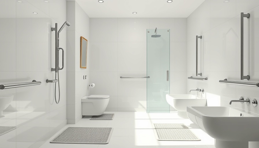 Modern bathroom with safety features like grab bars and non-slip mats.