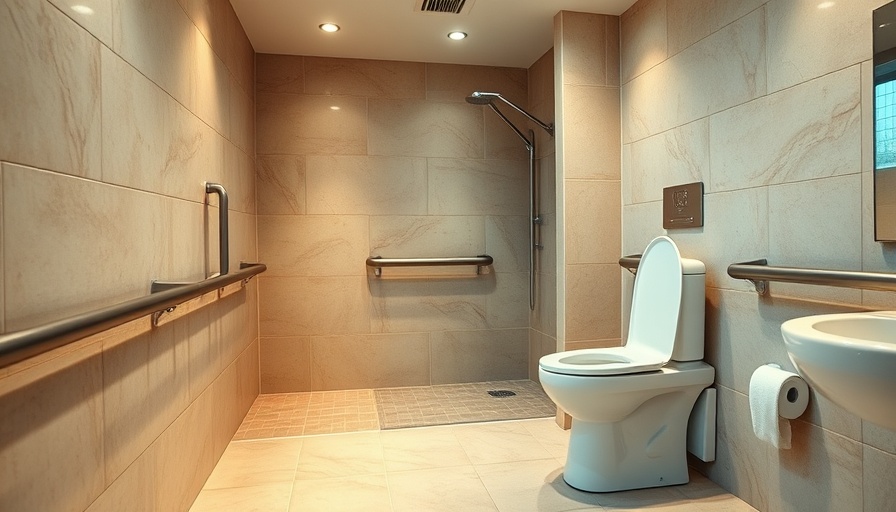 Modern bathroom with senior-friendly modifications, featuring safety rails and a raised toilet seat.