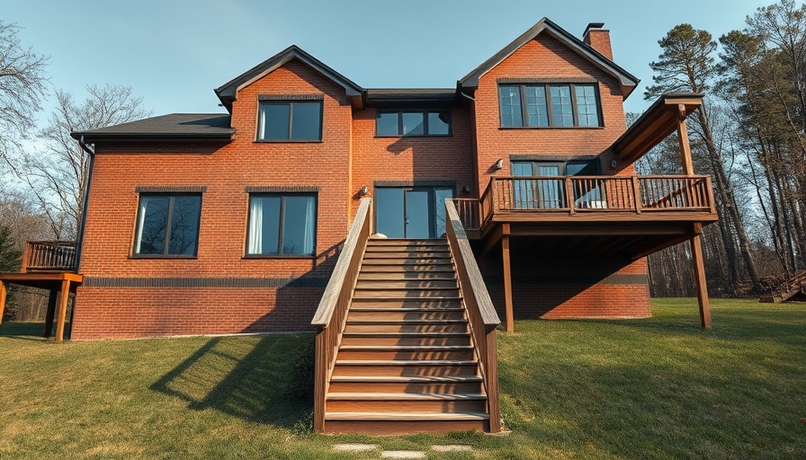 Brick house with wooden deck amid trees, showcasing architecture.