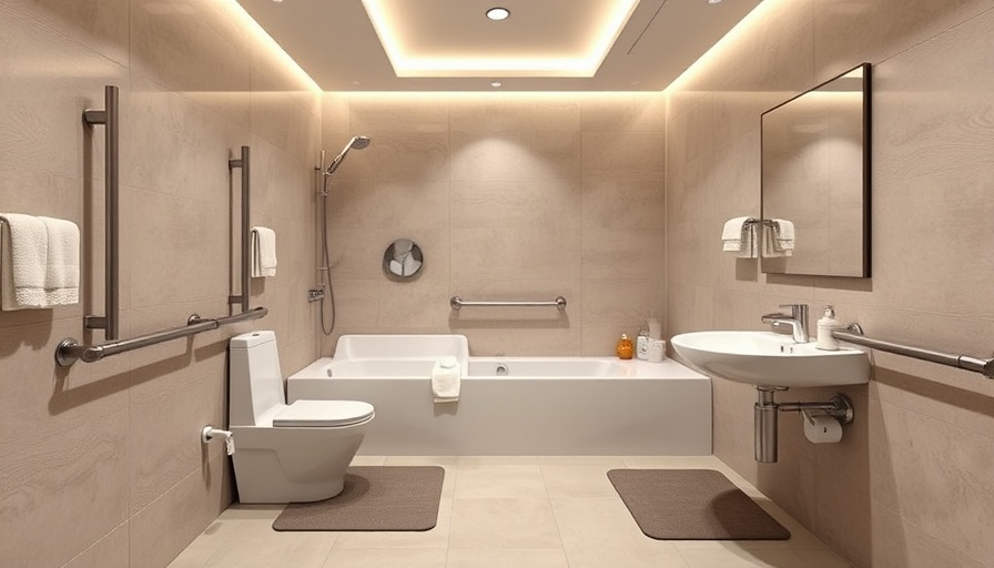 Modern bathroom with safety features like grab bars and mats.