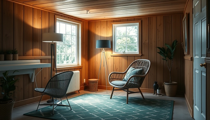 Smart lighting solutions for basements: cozy lounge with wicker chair and modern lighting
