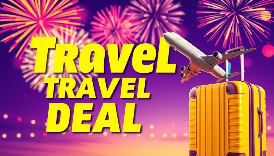 Travel ad with suitcase and plane, bright purple theme.