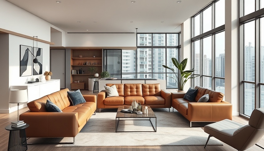 Modern living room with smart storage solutions and cityscape view.