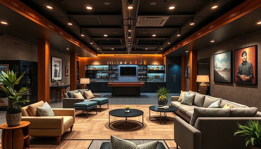 Stylish multi-purpose basement with modern decor and cozy seating.