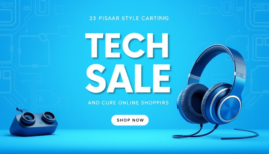 Tech gadgets sale with discount offer, vibrant blue design.