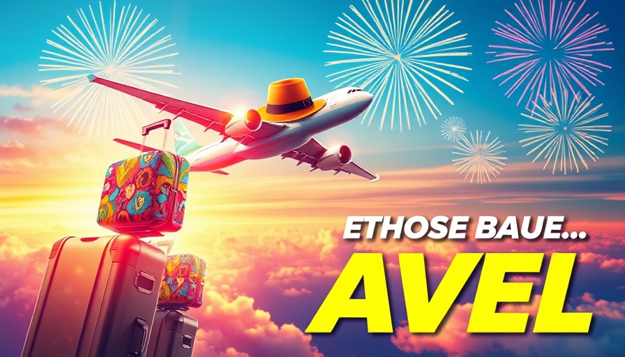 Vibrant travel ad with airplane and suitcase, colorful design.