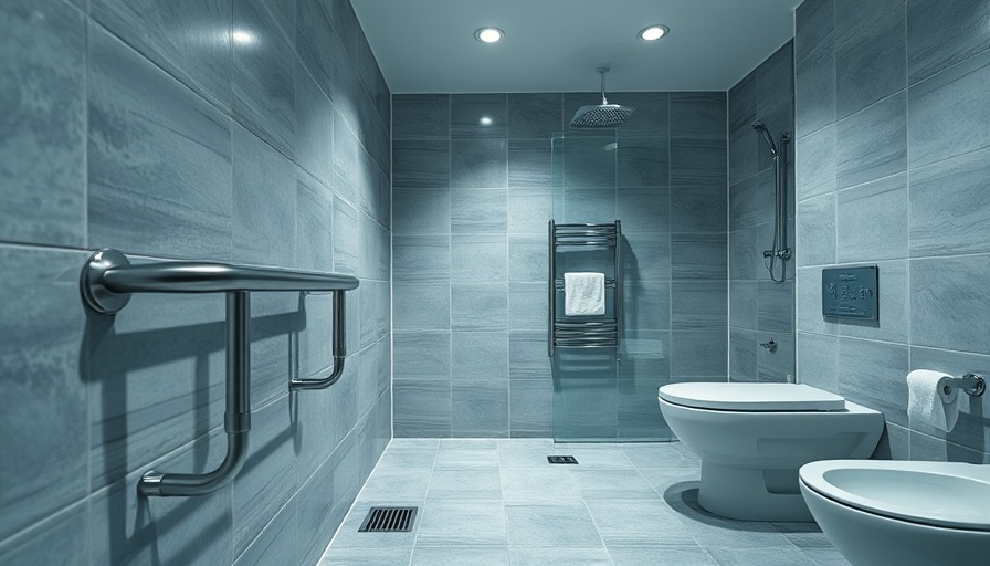 Modern bathroom with safety features like grab bar and non-slip tiles.