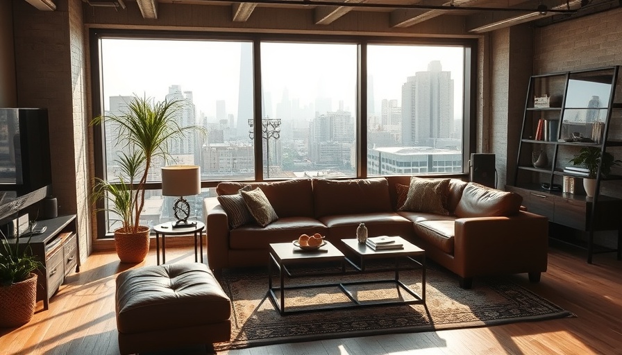 Modern living room with large windows and cozy decor.